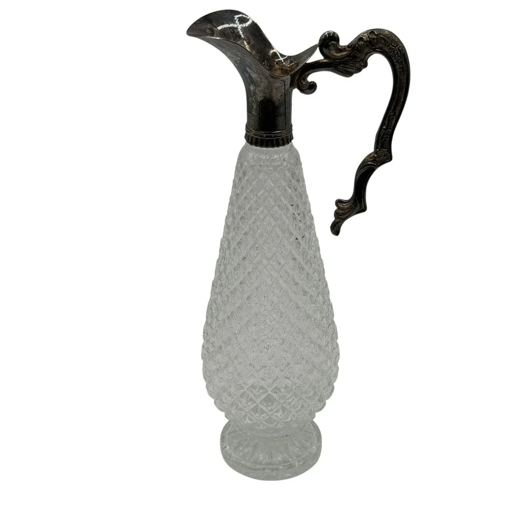 Vintage Diamond Cut Crystal Claret‎ Ornate Silver Tone Handle Decanter Pitcher